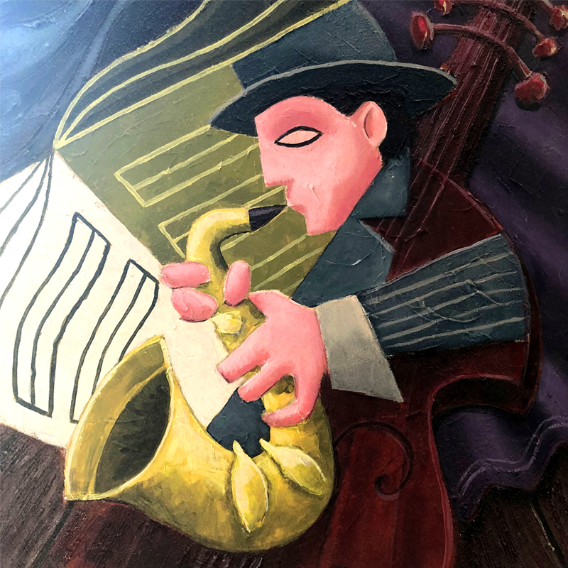 Kubistische muzikant met trompet en gitaar kunst
