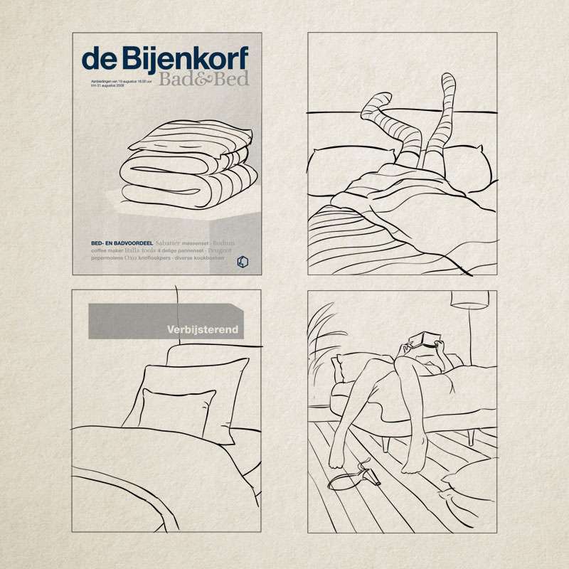 De bijenkorf bads en bed reclame illustraties strip