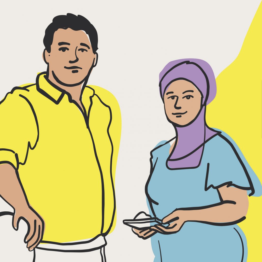 Man in geel shirt en vrouw met paarse hoofddoek