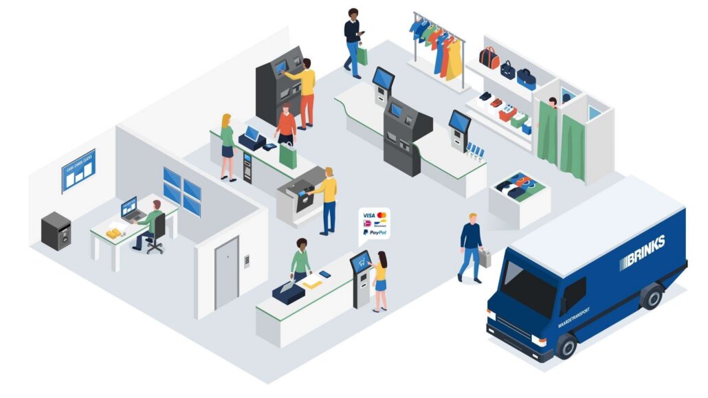 Isometrische winkel met klanten medewerkers en brinks busje